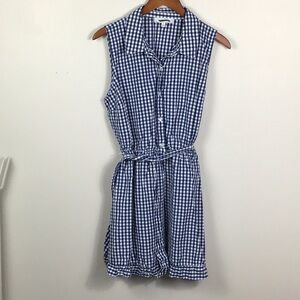 Navy blue gingham dress 1/2 button front ruffle trim size XL